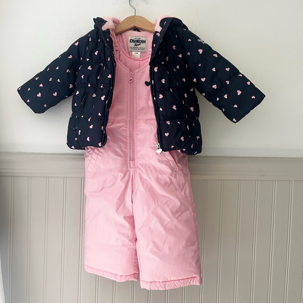 OshKosh B’gosh 12 Months Pink Bib Snowsuit Set Hooded Jacket Navy Hearts